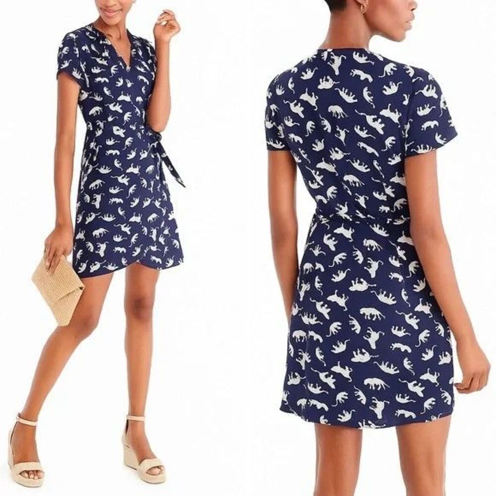 J Crew Big Cat Novelty Print Dress 14  Navy Blue Wrap Tie Whimsical Preppy